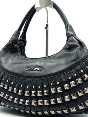 Miu Miu Black Leather Studded Hobo Bag